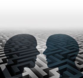 Two heads shadowing over a maze, discussing possible strategies for the building dispute