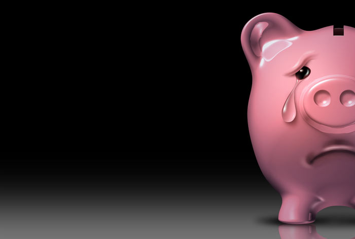 A money-bank pig crying because his owner didn't make the good decision of asking a Gavel and Page debt recovery lawyer for help.